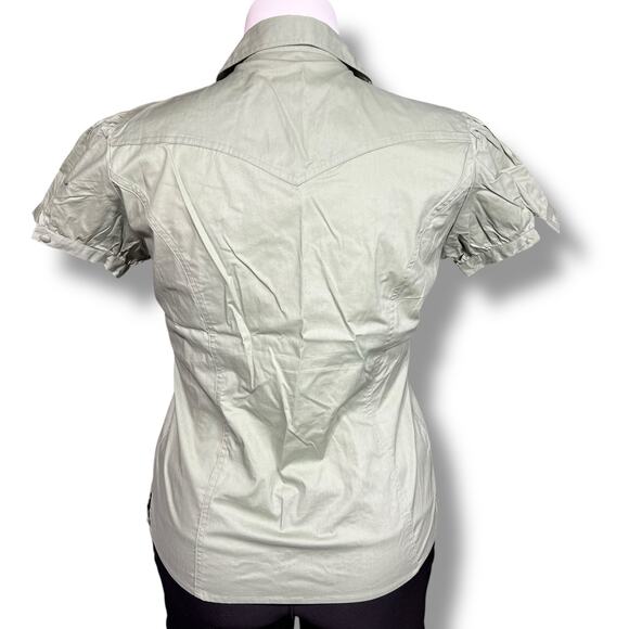 Love Potion Womens Blouse Button Down Shirt Short Puffed Sleeves Green Large - Picture 4 of 9